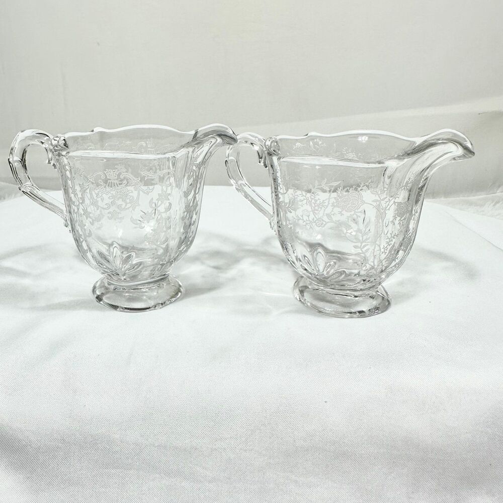 Fostoria Two Vintage Chintz Etched Glass Creamer Baroque